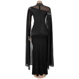 Women's Beaded Chiffon Mesh Cape Sleeve Evening Gown