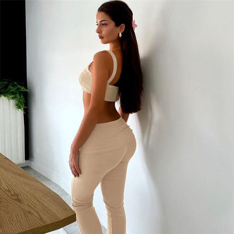 Women Fall and Winter Solid Sexy Crop Suspender Top and Pants Casual Two-piece Set