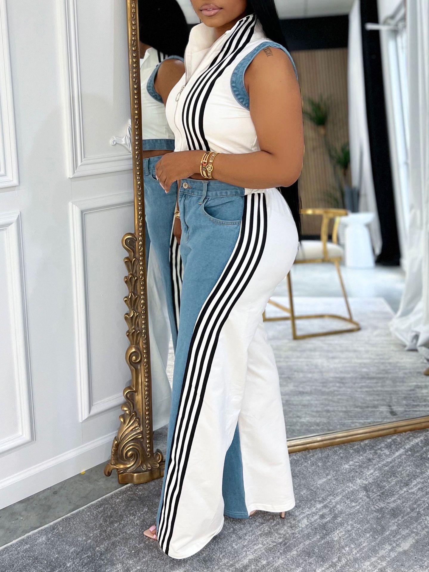 Women Sleeveless Patchwork Ribbed Striped Top and Denim Wide Leg Pants Two-Piece Set