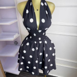 Women Summer Polka Dot Sleeveless V-neck Lace-Up Backless Mini Dress