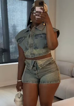 Women summer contrast color sretchy denim top and shorts two-piece set