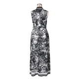 Women printed sexy slit flowing bohemian dress with belt