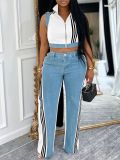 Women Sleeveless Patchwork Ribbed Striped Top and Denim Wide Leg Pants Two-Piece Set