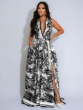 Women printed sexy slit flowing bohemian dress with belt