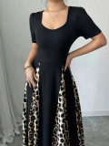 Plus Size Women Summer Short Sleeve U-neck Leopard Patchwork Elegant Dress