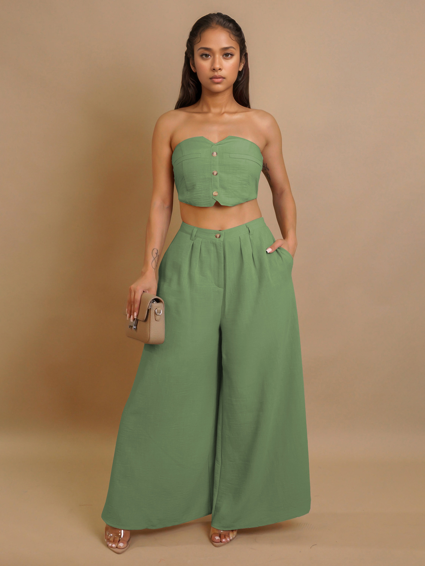 Women sexy sretchy strapless vest and wide-leg pants two-piece set