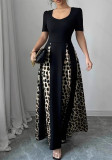 Plus Size Women Summer Short Sleeve U-neck Leopard Patchwork Elegant Dress