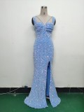 Luxury strap sequined long evening gown