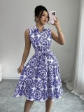 Women Lace-Up Print Sleeveless Dress