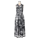 Women printed sexy slit flowing bohemian dress with belt