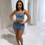 Women summer sexy chest-wrapped top slit denim skirt two-piece set