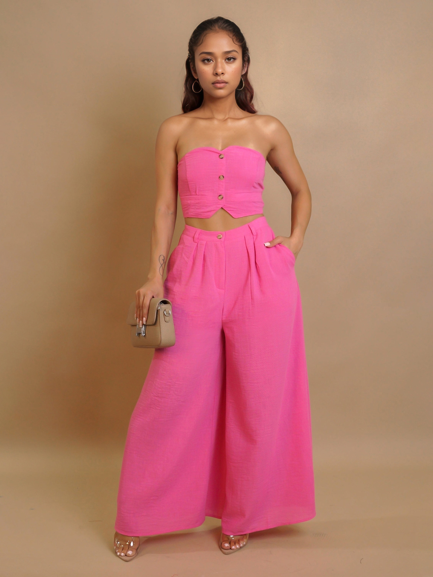 Women sexy sretchy strapless vest and wide-leg pants two-piece set