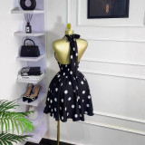Women Summer Polka Dot Sleeveless V-neck Lace-Up Backless Mini Dress