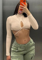 Women Sexy High Neck Long Sleeve Crop Top
