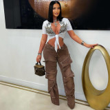 Women summer street button sretchy denim pants