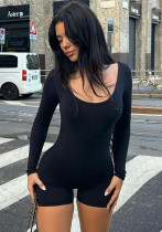 Women Sexy Square Neck Long Sleeve Bodycon Solid Jumpsuit