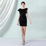 Women Summer Modest o-Neck Short Sleeves Solid Sequined Mini Pencil Club Dress