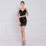 Women Summer Modest Strap Sleeveless Solid Sequined Mini Straight Club Dress
