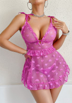 Women's Sexy Mesh Heart Print Sheer Strap Nightdress Set