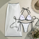 Women's Solid Color Sexy Two-Piece Bikini with Skirt Three-Piece Swimsuit