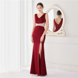Summer Elegant v Neck Waist Rhinestone Slit Mermaid Evening Dress