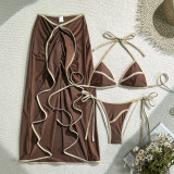 Women's Solid Color Sexy Two-Piece Bikini with Skirt Three-Piece Swimsuit