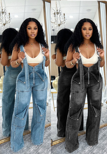 Women's Loose High-Waist Wide-Leg Denim Overalls Jumpsuit