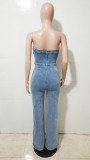 Women's Strapless Slim Waist Elastic Washed Denim Wide-Leg Jumpsuit
