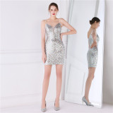 Women Summer Modest Strap Sleeveless Solid Sequined Mini Straight Club Dress