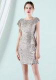 Women Summer Modest o-Neck Short Sleeves Solid Sequined Mini Pencil Club Dress