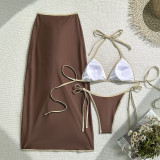 Women's Solid Color Sexy Two-Piece Bikini with Skirt Three-Piece Swimsuit