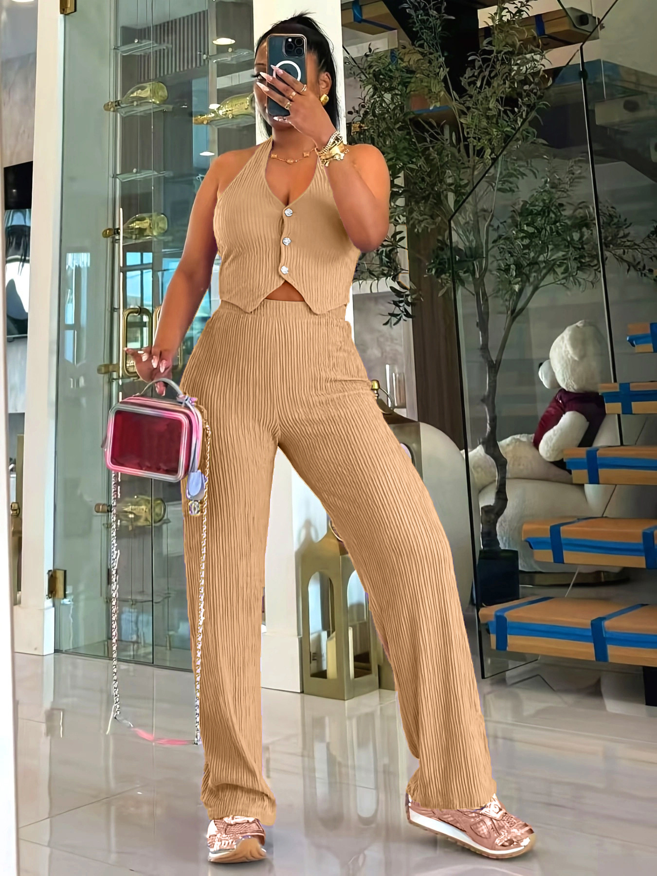 Women Halter Neck Crop Top and Wide Leg Pants Two-piece Set