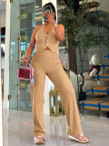 Women Halter Neck Crop Top and Wide Leg Pants Two-piece Set