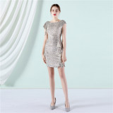 Women Summer Modest o-Neck Short Sleeves Solid Sequined Mini Pencil Club Dress