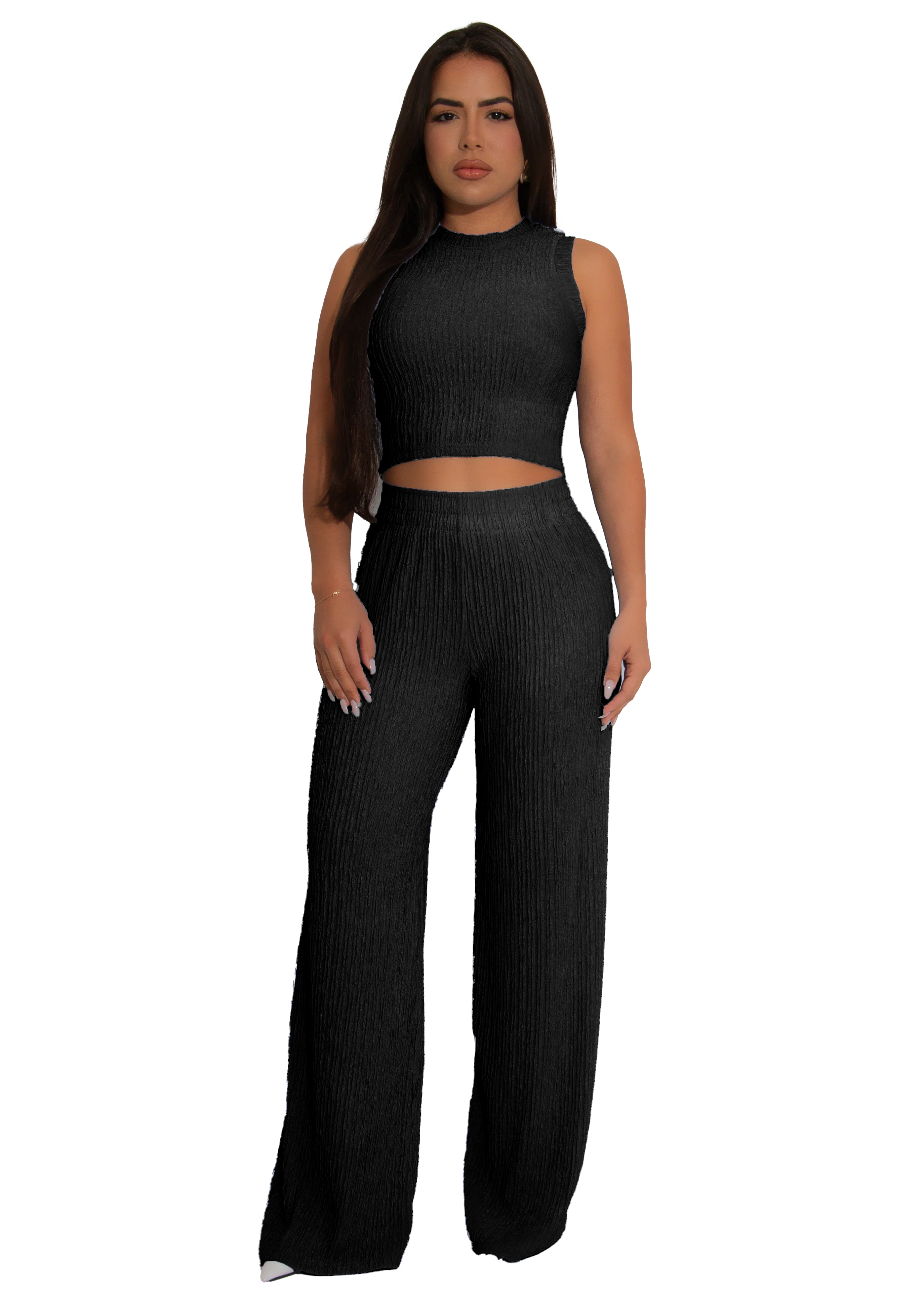 Fashion Solid Color Sleeveless Wide Leg Two Piece Pants Set