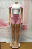 Women street raglan contrast short sleeve top and shorts Casual sports two piece set with headband
