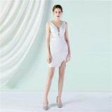 Women Summer Formal v-Neck Sleeveless Solid Diamonds Mini Bodycon Dress