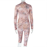 Women's Sexy Leopard Print Sheer Long Sleeve Top & Fitted Pants Set