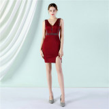 Women Summer Formal v-Neck Sleeveless Solid Diamonds Mini Bodycon Dress