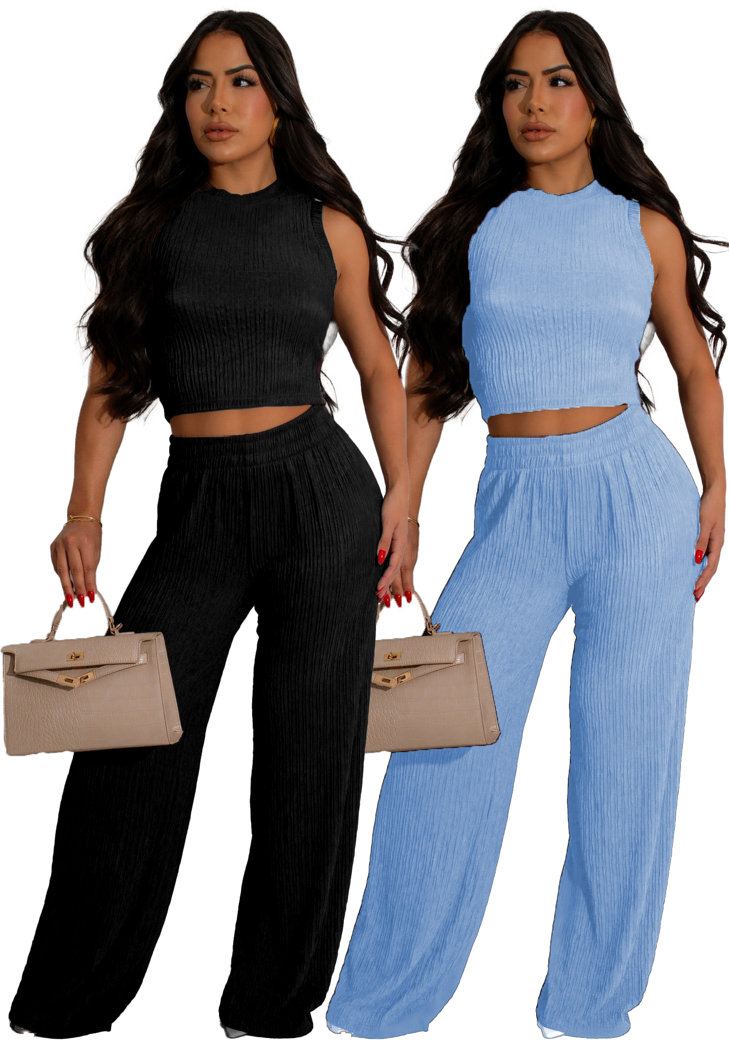 Fashion Solid Color Sleeveless Wide Leg Two Piece Pants Set