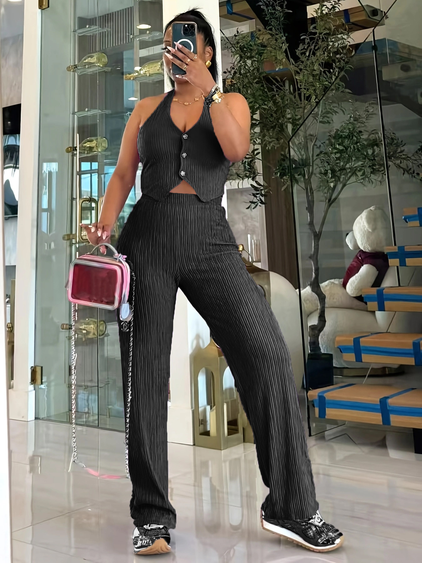 Women Halter Neck Crop Top and Wide Leg Pants Two-piece Set