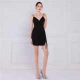 Women Summer Formal v-Neck Sleeveless Solid Fringed Mini Straight Club Dress