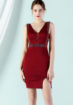 Women Summer Formal v-Neck Sleeveless Solid Diamonds Mini Bodycon Dress