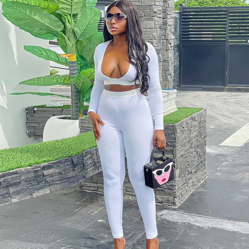 Women's Casual Sexy Solid Color Tight Slim Long Sleeve Top & Fitted Pants Set