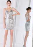 Women Summer Modest Strap Sleeveless Solid Sequined Mini Straight Club Dress