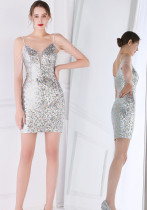 Women Summer Modest Strap Sleeveless Solid Sequined Mini Straight Club Dress Women Summer Modest Strap Sleeveless Solid Sequined Mini Straight Club Dress