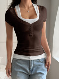 Y2K Button-Front Contrast Color Slim Short Sleeve Top for Women