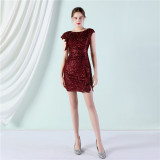 Women Summer Modest o-Neck Short Sleeves Solid Sequined Mini Pencil Club Dress