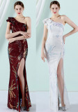 Women Summer Romantic Slash Neck Sleeveless Sequined Wedding Dress