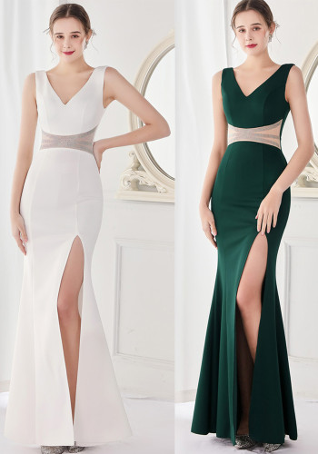 Summer Elegant v Neck Waist Rhinestone Slit Mermaid Evening Dress